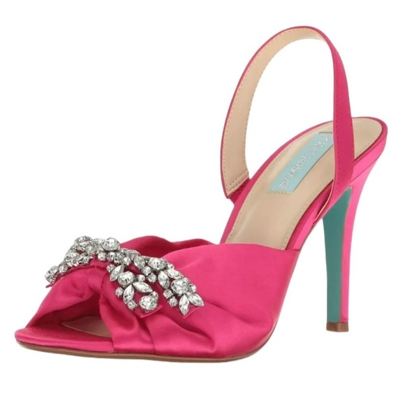 Betsey Johnson Shoes - Betsey Johnson Briel pink satin and rhinestone bow peep toe sling back heels